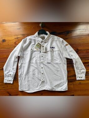 Drake White Short-Sleeve Button Down Shirt with Purple LSU Logo